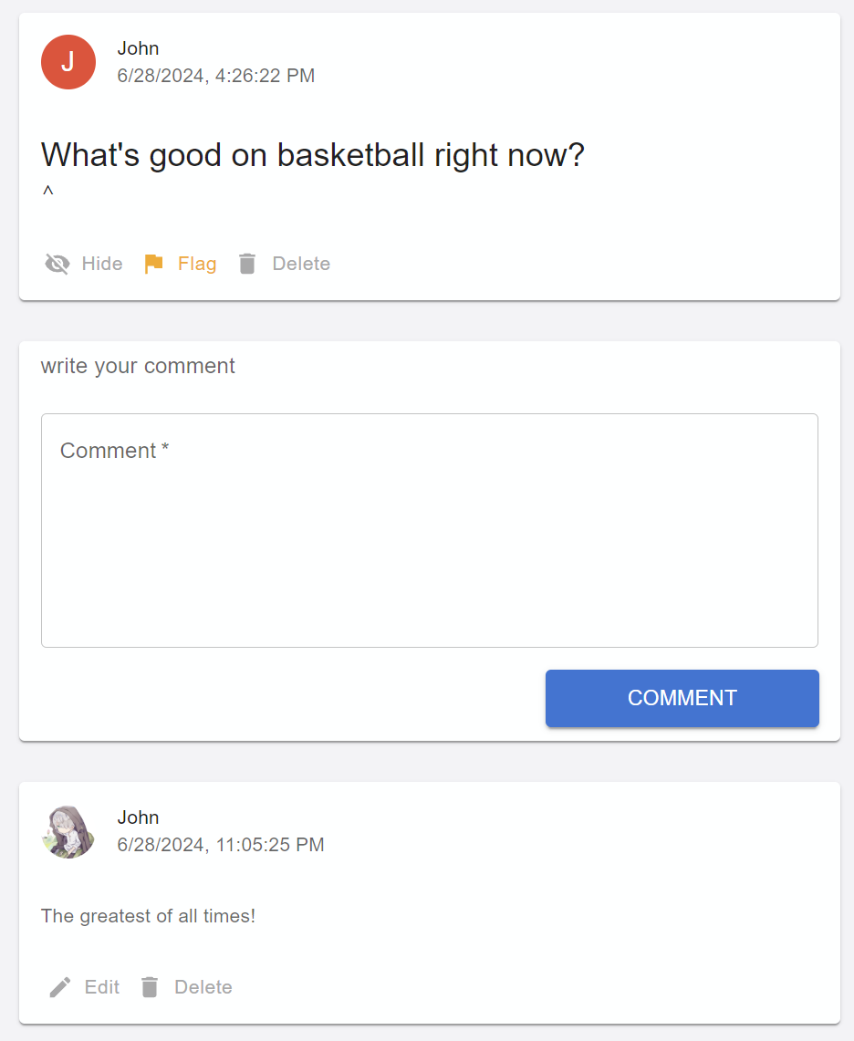Post presentation page with comments